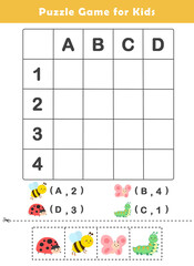 Grid References Worksheet for Kids. Puzzle Game for Children. Locate the symbols by reading off the horizontal and vertical coordinates. Use the coordinates to locate the symbols on the grid.