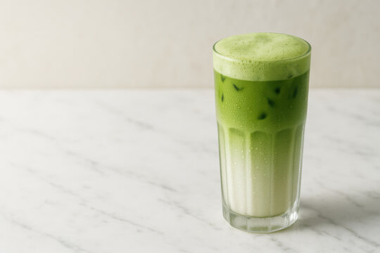 Iced matcha latte with milk foam in glass on marble surface, refreshing green tea drink with creamy texture and cool ice cubes