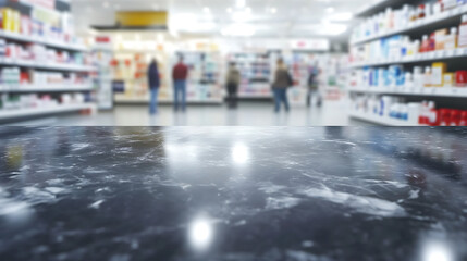 Obraz premium Marble countertop provides a foreground view of blurred shoppers browsing shelves stocked with products in the background of a brightly lit retail store.