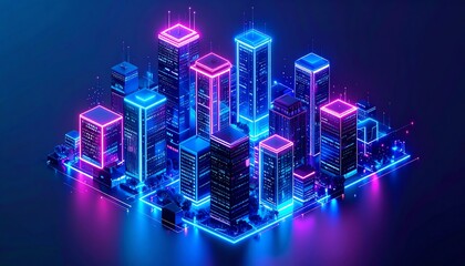 A vibrant, futuristic cityscape illuminated with neon lights, showcasing high-rise buildings and a digital aesthetic