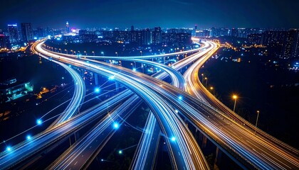A vibrant night scene showcasing a busy highway interchange illuminated by streaks of car lights against a city skyline