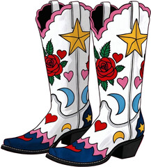 Colorful Western Cowboy Boots with Star, Rose, and Heart Motif Illustration isolated on white transparent background clipart PNG