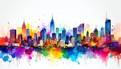 Obraz premium A vibrant, colorful watercolor skyline illustration featuring iconic buildings, showcasing the beauty of a modern cityscape