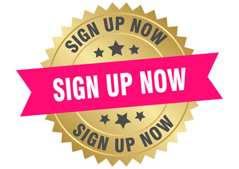 sign up now. sign up now round pink and gold label isolated on transparent background