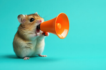Hamy wearing a megaphone as a helmet, standing in a field amid a crowd.