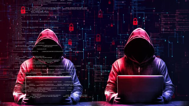 Hacker Computer hoodie Animation data processing cyberattack warning. dark Internet Data theft, internet fraud, darknet. Personal Cyber Security, Ransomware, Email Phishing, Data Breach Attack. 3D 4K