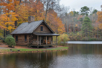 Log cabin on lake shore with mountains in background, serene and rustic setting perfect for nature lovers and outdoor enthusiasts.