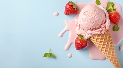 A melting strawberry ice cream cone with fresh strawberries and mint leaves spread across a pastel blue surface, combining summer dessert delight with minimal flat lay design