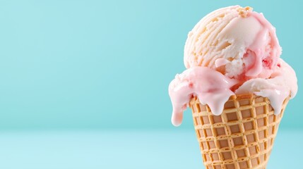 A close-up of a double scoop strawberry ice cream in a waffle cone melting under warm light, placed against a pastel turquoise background with ample copy space