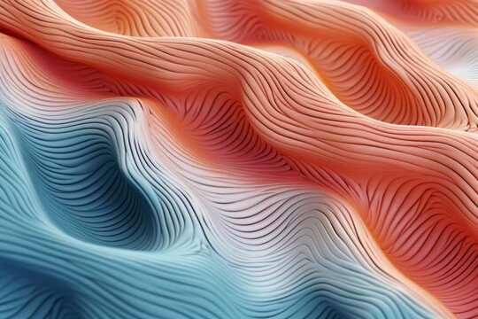 Abstract image of undulating textured surfaces with parallel black lines, colored in gradient from orange to blue.