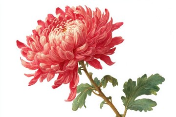 Fototapeta premium Red Chrysanthemum Flower Illustration: Vintage Floral Art Print on White Background - Botanical Illustration