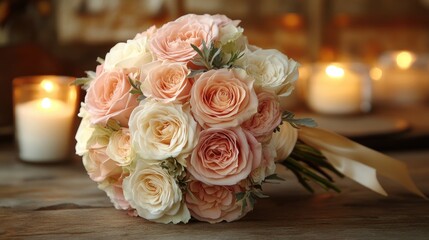 Obraz premium Wedding bouquet of roses, A stunning bouquet of blush pink, creamy white, and champagne roses, their delicate petals layered beautifully. Wrapped with a satin ribbon, Valentine's Day theme, wallpaper.