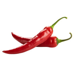 A close up shot showing two red chili peppers with green stems 