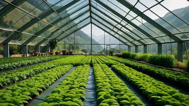Lush green vegetable rows growing inside large transparent greenhouse structure surrounded by mountains in bright natural daylight

