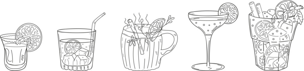 popular cocktails featuring iconic alcoholic drinks such as Mojito, Margarita, Daiquiri, Tequila, Wine, Cosmopolitan, and more. Decorative doodle-style elements ideal for bar menus, party invitations