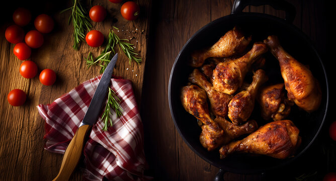 Creative food Concept. Skillet pan with Roasted grilled chicken turkey drumstick thigh legs with carving knife, checked tablecloth, tomato, rosemary herb on rustic wooden table. copy text space. - Powered by Adobe