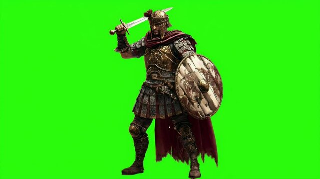 A full-body of a Byzantine warrior in ornate armor, holding a sword and shield, green background