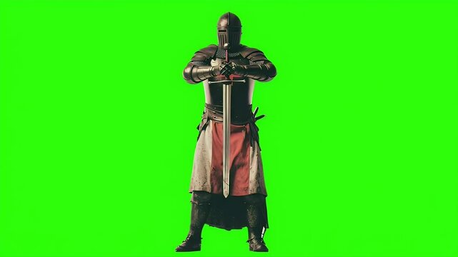 medieval European knight in full armor, green background