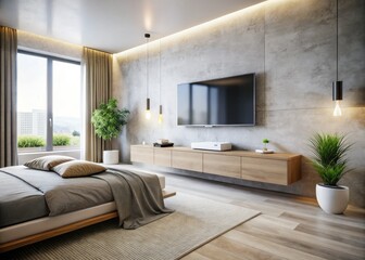 Modern Concrete Bedroom Design: White Walls, TV, Minimalist Interior - Stylish Home Decor Ideas