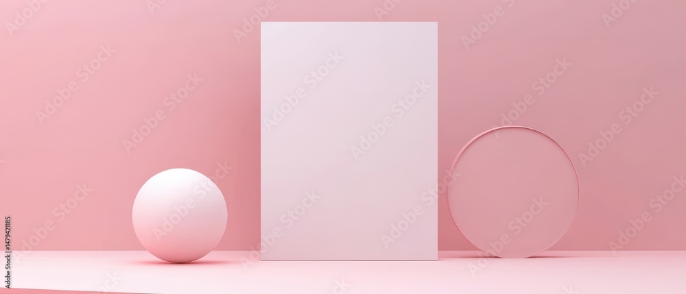 Wall mural minimalist pink geometric shapes: sphere, rectangle, and circle on a pink background for product dis