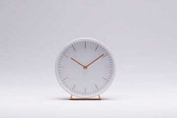 Minimalist white clock with gold accents on a white background. Simple design, clean lines, and a focus on time.