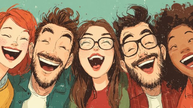 People laughing concept for International Joke Day. Joyful group of friends smiling and having fun together