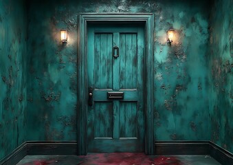 Old teal room with wooden door
