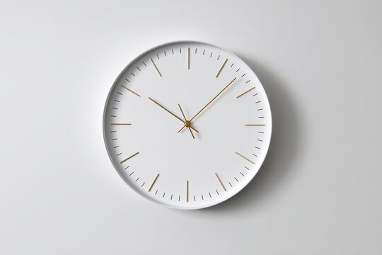 A minimalist white clock with gold accents hangs on a white wall. The simple design and neutral colors create a clean and modern aesthetic.