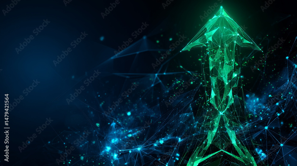 Poster polygonal computer with green arrow looking up on dark blue tech background, triangles and particle 