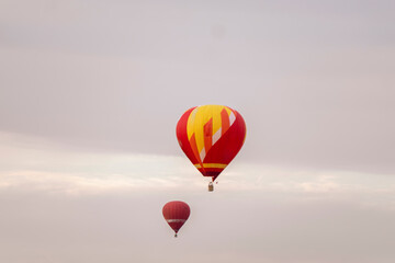 A group of vibrant hot air balloons drifts gracefully across a tranquil landscape filled with greenery and soft morning light.
