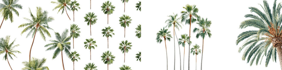 Vibrant collection of tropical palm trees in lush green hues, featuring a variety of shapes and styles, perfect for nature-themed designs, wallpapers, or botanical illustrations