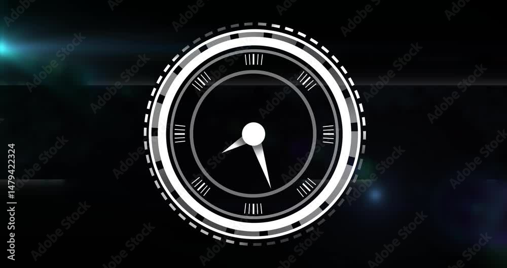 Poster circular gauge interface spinning in glitch void, showing concentric rings, pointer moving