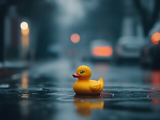 Cute Rubber Duck on Rainy City Street | Moody Urban Photography with Bokeh Lights