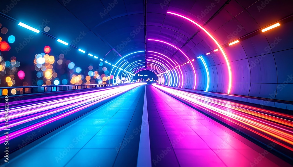 Poster a vibrant, illuminated tunnel with dynamic neon lights creating a colorful atmosphere, emphasizing m
