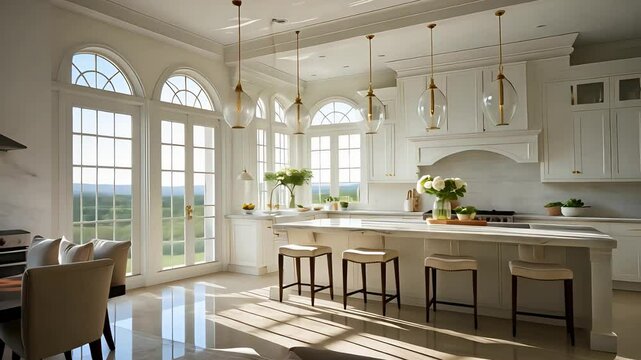 Bright luxurious kitchen interior with large arched windows, white cabinets, marble island, hanging lights, and elegant dining area

