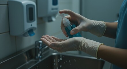Obraz premium Close-up of hands in gloves using hand sanitizer, medical sink and soap dispenser in background, hospital or clinic setting, no face visible, clean and safe environment.