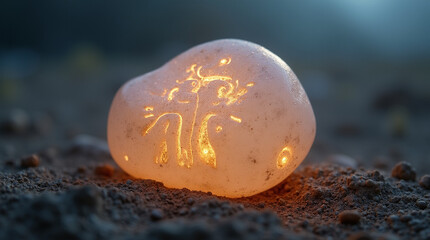 Ancient rune stone glowing in mystical desert close-up