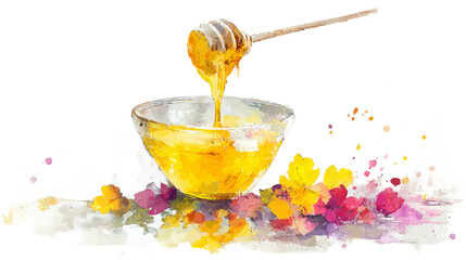 Delightful Autumn Honey Dripping from Spoon: A Watercolor Clipart of Maple Syrup Perfect for Seasonal Art and Designs