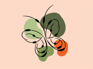 This is a vector illustration featuring an orange fruit with floral decorations and green leaves, showcasing nature's vibrant design