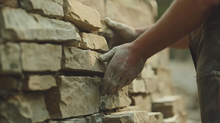 Mason Laying Stone Blocks in Wall Construction