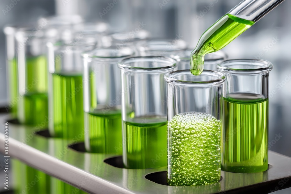 Aufkleber Scientist dropping green liquid into test tube creating bubbles during experiment