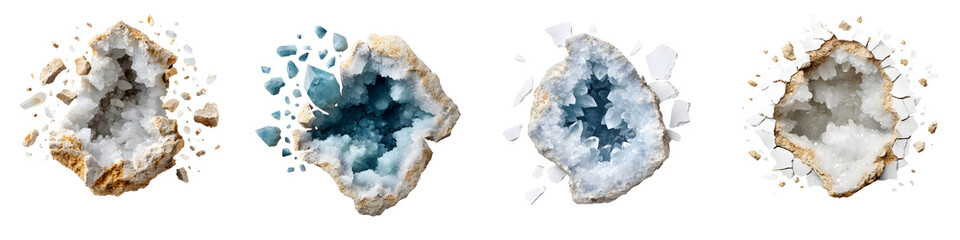 Obraz premium Stunning crystal geodes with intricate layers and vibrant, shimmering hues of blue and white, showcasing nature's beauty in a decorative style for artistic inspiration.