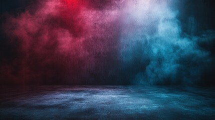 Fototapeta premium Dramatic studio shot of a concrete floor and wall with red and blue smoke creating a moody atmosphere for product photography