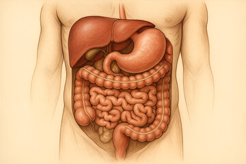 A detailed medical illustration of the human abdomen, highlighting internal organs such as the stomach, liver, and intestines in an educational format.	