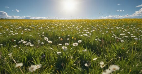 Dandelions carpet a sun-drenched field, azure sky above, sky, clouds