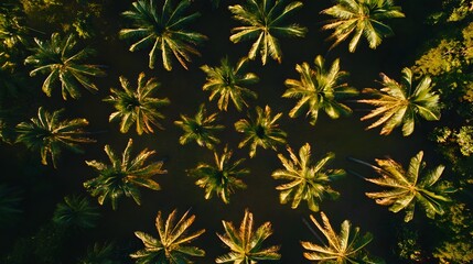 Aerial view of a dense palm tree grove.