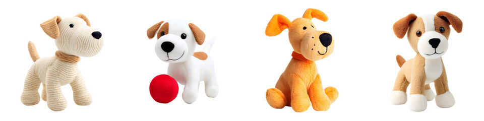 Colorful plush dog toys featuring playful designs, perfect for children's playtime or as decorative accents in a nursery, created in a soft, cuddly style
