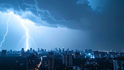 A dramatic city skyline illuminated by lightning against a stormy sky, showcasing the power of nature amidst urban life
