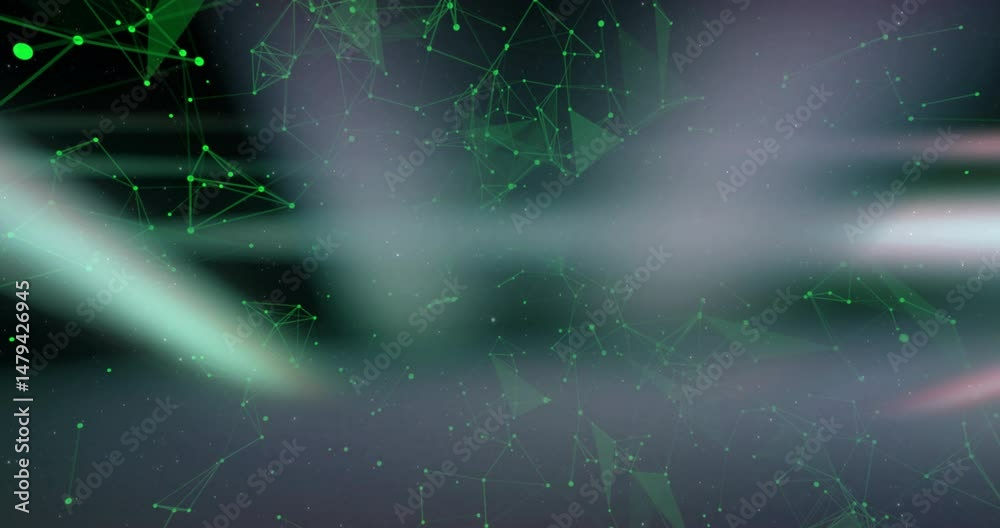 Poster floating green nodes and lines forming triangular mesh over dark gradient with soft light streaks