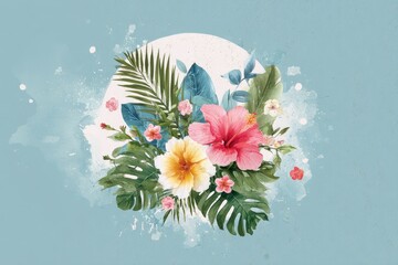 Pastel floral arrangement with tropical leaves and splashes.